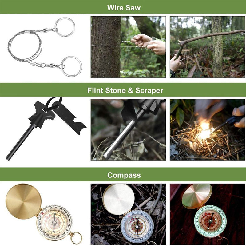 Outdoor Travel Survival Kit - Mini Camping Tools, Emergency Blanket, Compass, Ferro Rod and Knife