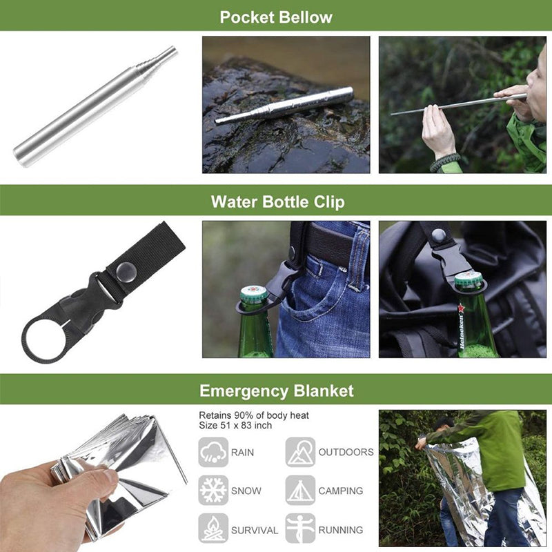 Outdoor Travel Survival Kit - Mini Camping Tools, Emergency Blanket, Compass, Ferro Rod and Knife