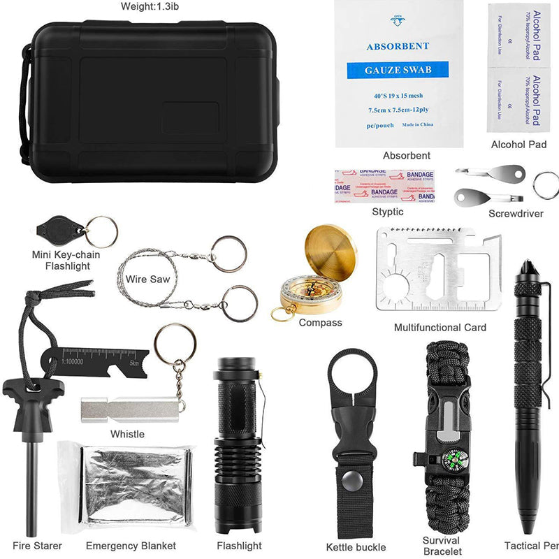 Outdoor Travel Survival Kit - Mini Camping Tools, Emergency Blanket, Compass, Ferro Rod and Knife
