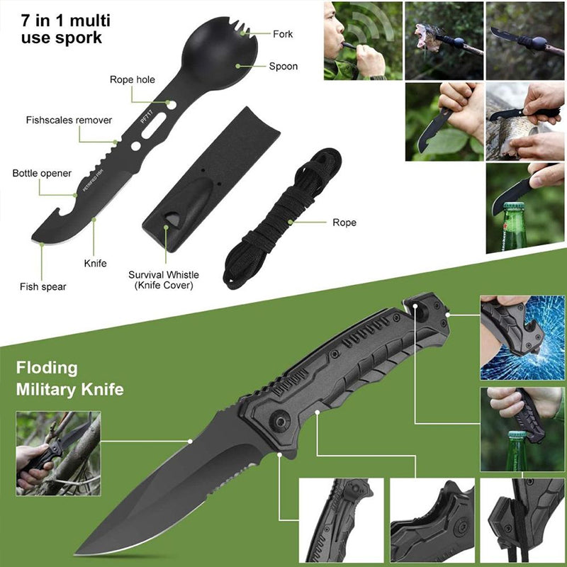 Outdoor Travel Survival Kit - Mini Camping Tools, Emergency Blanket, Compass, Ferro Rod and Knife